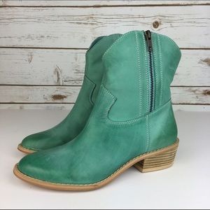 Turquoise leather ankle boots